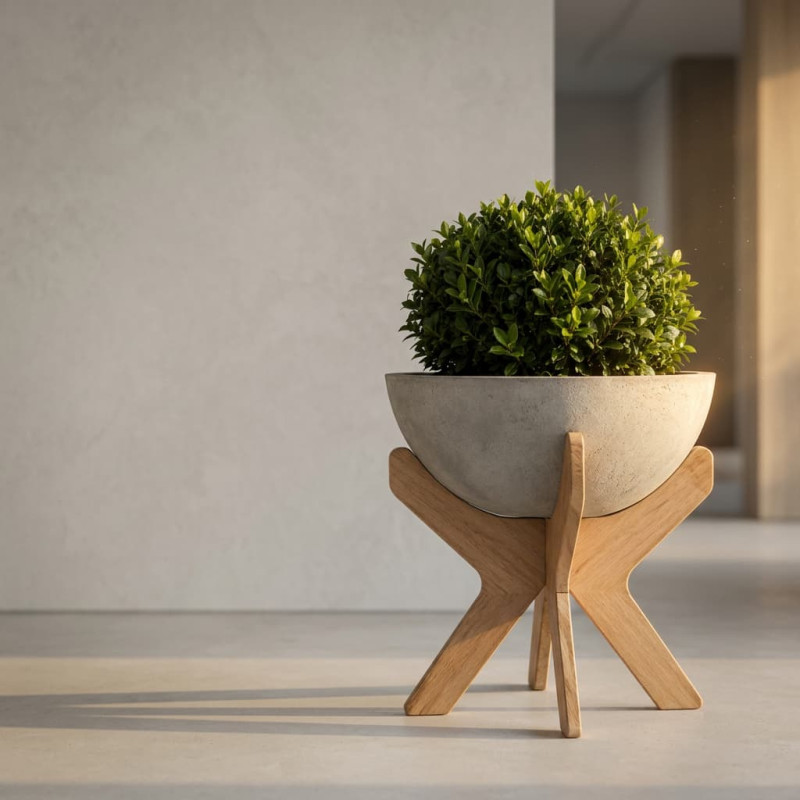 VELA Stand 50 , Pot Design sur Support en Bois