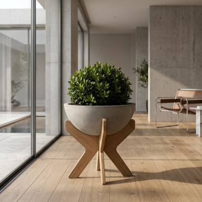 VELA Stand 50 , Pot Design sur Support en Bois